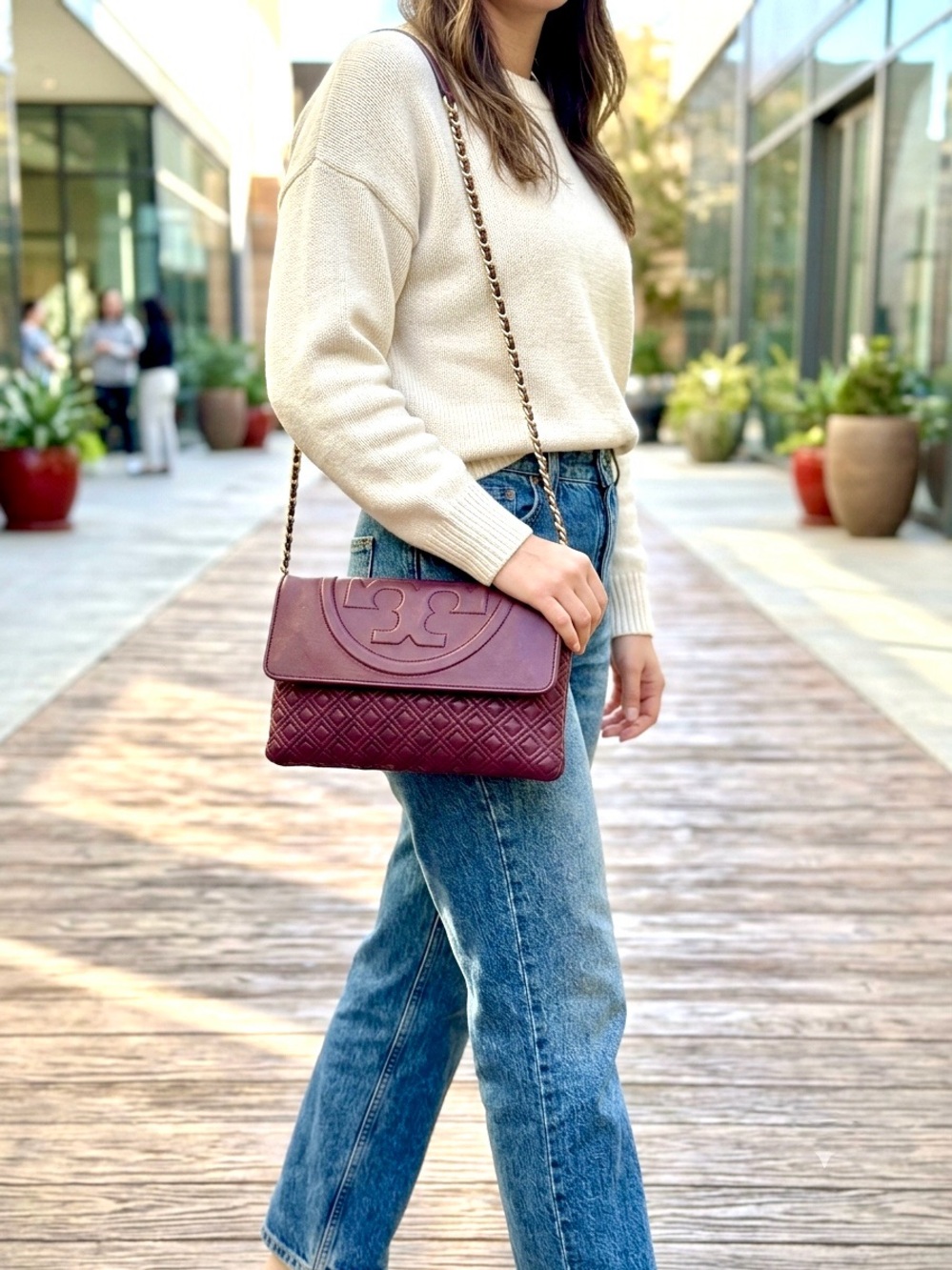 Tory Burch Marion Quilted Leather Flap Shoulder Bag Clutch Burgundy Plum